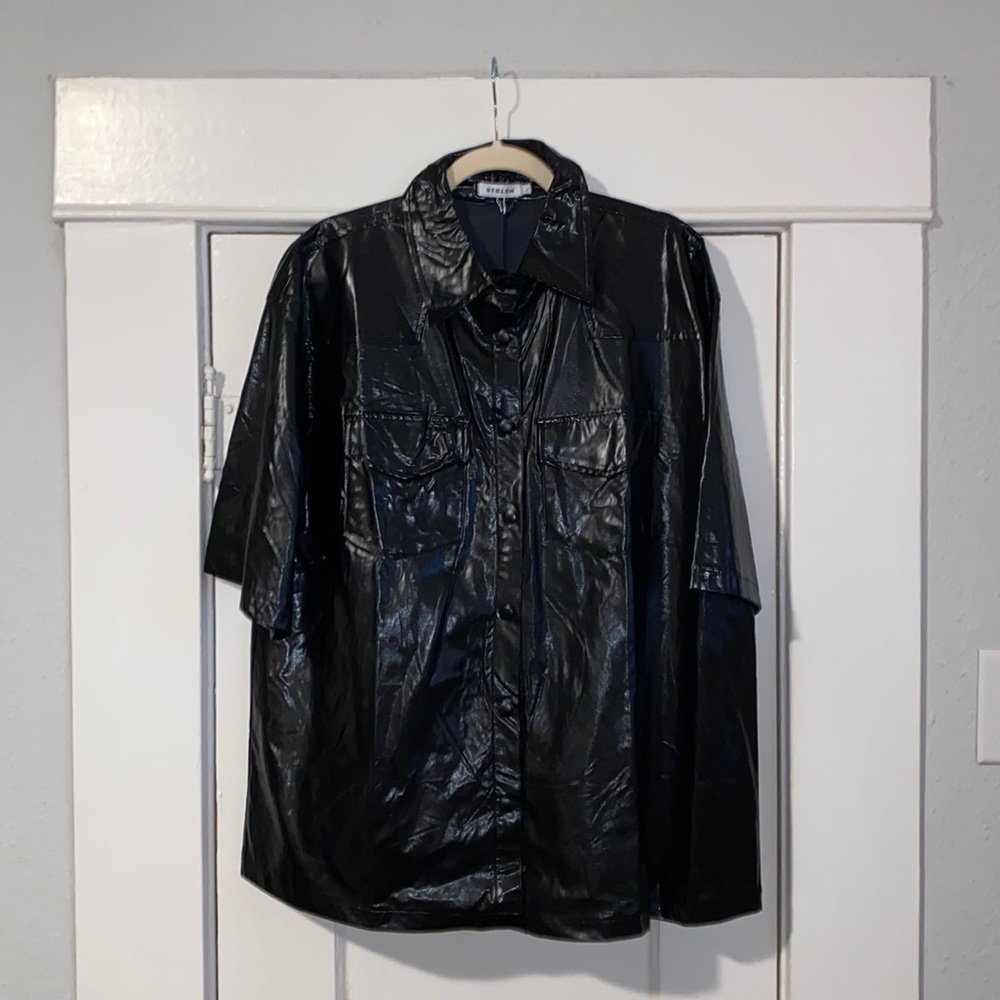 Brand NWT Black Stelen Faux Leather Short Sleeved Snap/button down with pockets
